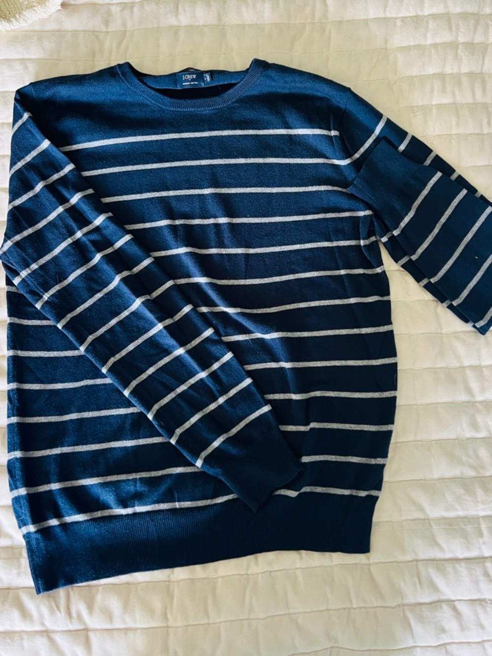 J. Crew sweater Navy Blue Grey Stripes Men’s L Slim Cotton Wool Blend Fisherman